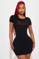 Von Dutch Rhinestone Logo Mini Dress - Black Bodycon Scoop Neck Short Sleeve (95% Cotton 5% Spandex)