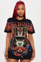 Von Dutch Novelty Print T-Shirt Dress - Black/Combo, 60% Cotton 40% Polyester, Crewneck Casual Wear