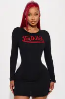 Von Dutch Embroidered Mini Dress - Long Sleeve Cotton Blend in Orange & Black(Black,XS)