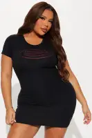 Von Dutch Rhinestone Logo Mini Dress - Black Bodycon Scoop Neck Short Sleeve (95% Cotton 5% Spandex)(Black,XS)