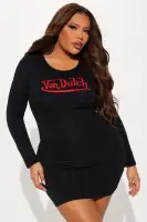 Von Dutch Embroidered Mini Dress - Long Sleeve Cotton Blend in Orange & Black(Black,XS)