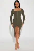 Black & Olive Stretch Scoop Neck Zip-Front Sweater Midi Dress