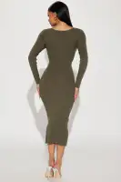 Black & Olive Stretch Scoop Neck Zip-Front Sweater Midi Dress(Olive,XS)