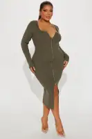 Black & Olive Stretch Scoop Neck Zip-Front Sweater Midi Dress(Olive,XS)