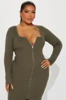 Black & Olive Stretch Scoop Neck Zip-Front Sweater Midi Dress(Olive,XS)