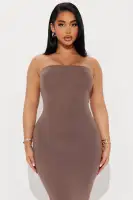 Stylish 2-Piece Long Sleeve Popover Shirt & Tube Dress Set – Mocha/Charcoal, Stretchy Polyester Blend(Mocha,XS)