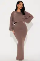 Stylish 2-Piece Long Sleeve Popover Shirt & Tube Dress Set – Mocha/Charcoal, Stretchy Polyester Blend