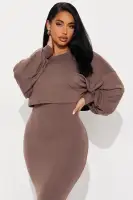 Stylish 2-Piece Long Sleeve Popover Shirt & Tube Dress Set – Mocha/Charcoal, Stretchy Polyester Blend(Mocha,XS)