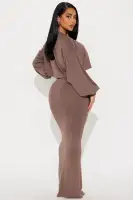 Stylish 2-Piece Long Sleeve Popover Shirt & Tube Dress Set – Mocha/Charcoal, Stretchy Polyester Blend(Mocha,XS)