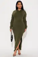 Olive Hooded Maxi Sweater Dress with Long Sleeves & Side Slit – Stretchy & Unique Distressed Design