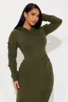 Olive Hooded Maxi Sweater Dress with Long Sleeves & Side Slit – Stretchy & Unique Distressed Design(Olive,XS)