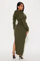Olive Hooded Maxi Sweater Dress with Long Sleeves & Side Slit – Stretchy & Unique Distressed Design(Olive,XS)