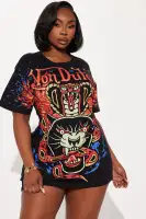 Von Dutch Novelty Print T-Shirt Dress - Black/Combo, 60% Cotton 40% Polyester, Crewneck Casual Wear(Black/combo,XS)