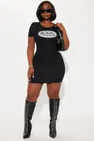 Von Dutch Graphic Logo Mini Dress - Black Distressed Bodycon with Scoop Neck & Short Sleeves (95% Cotton, 5% Spandex)(Black,XS)