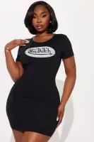 Von Dutch Graphic Logo Mini Dress - Black Distressed Bodycon with Scoop Neck & Short Sleeves (95% Cotton, 5% Spandex)(Black,XS)