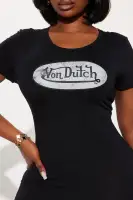 Von Dutch Graphic Logo Mini Dress - Black Distressed Bodycon with Scoop Neck & Short Sleeves (95% Cotton, 5% Spandex)(Black,XS)