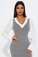 Heather Grey & Mocha Maxi Sweater Dress – Long Sleeve Stretch Knit with Contrast Collar(Heather Grey,XS)