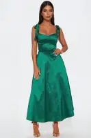 Elegant Hunter Taffeta Midi Dress with Sweetheart Neckline & Pockets – Back Zipper & Tie Shoulder Detail