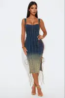"Vintage Denim Lace-Up Midi Dress – Sweetheart Neckline & Adjustable Straps – 97% Cotton Stretch Fit