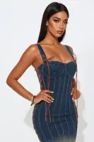"Vintage Denim Lace-Up Midi Dress – Sweetheart Neckline & Adjustable Straps – 97% Cotton Stretch Fit(Denim,XS)