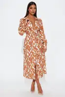 Elegant Mocha Midi Dress with Collar Neckline & Long Sleeves – Button Front, 90% Rayon