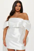 Elegant Off-Shoulder Taffeta Mini Dress with Fold Over Detail - Black & White(White,XS)