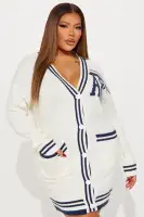 Stylish V-Neck Button Front Sweater Mini Dress with Pockets – Cream/Combo, Long Sleeves, Stretch Fit, 100% Acrylic(Cream/combo,XS)