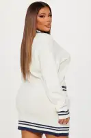 Stylish V-Neck Button Front Sweater Mini Dress with Pockets – Cream/Combo, Long Sleeves, Stretch Fit, 100% Acrylic(Cream/combo,XS)