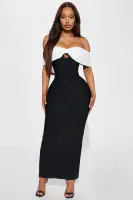 Sexy Off-Shoulder Bandage Maxi Dress with Keyhole Back & Slit - Stretchy Polyester - Black/White