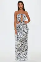 Sequin Silver Maxi Dress with Halter Neckline, Bunge Straps & Cut-Out Back – Stretchy Polyester Elegance