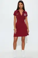 Stylish Burgundy Polo Mini Dress with Graphic Print - 95% Cotton, 5% Spandex