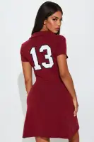 Stylish Burgundy Polo Mini Dress with Graphic Print - 95% Cotton, 5% Spandex(Burgundy,XS)