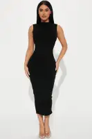 Elegant Midi Dress - Sleeveless Mock Neck with Invisible Zipper, Stretch Compression Rib (Hunter/Plum/Black/Nude) - 82% Rayon 18% Spandex