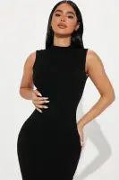 Elegant Midi Dress - Sleeveless Mock Neck with Invisible Zipper, Stretch Compression Rib (Hunter/Plum/Black/Nude) - 82% Rayon 18% Spandex(Black,XS)