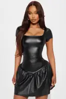 Chic Black Faux Leather Mini Dress - Square Neck, Cap Sleeves & Drop Waist
