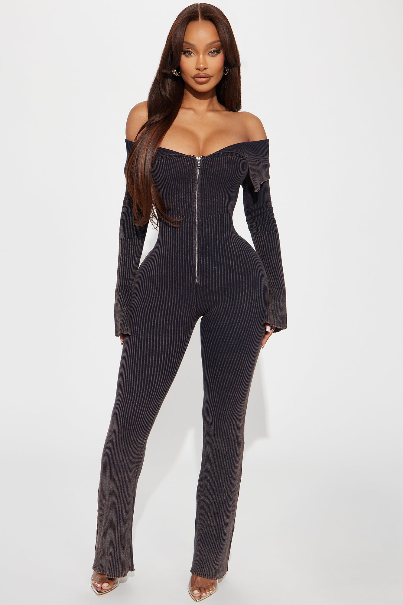 Off Shoulder Zip Front Long Sleeve Flare Leg Stretch Cotton Sweater Jumpsuit