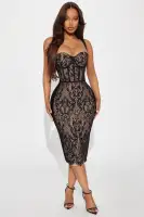 Sexy Black Lace Bandage Midi Dress with Sweetheart Neckline & Corset Waist