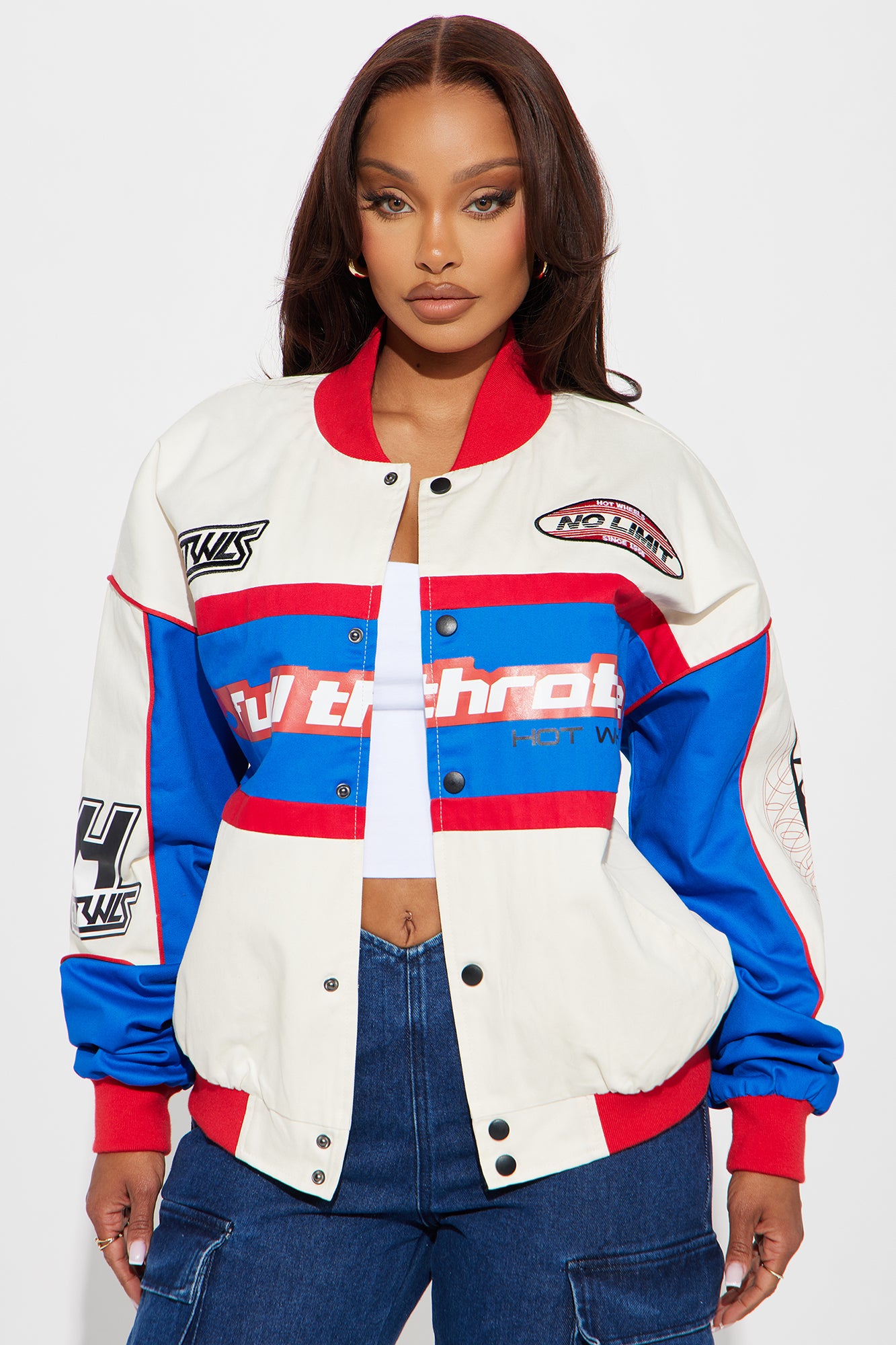 Stylish Color Block Bomber Jacket with Applique Patches - Stretch Cotton & Button Closure