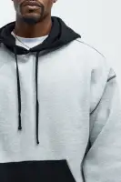 Casual Drawstring Hood Long Sleeve Colorblock Sweatshirt(Grey/combo,S)
