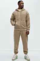 100% Polyester Hoodie and Jogger Set with Full Zip and Side Pockets(Tan,S)