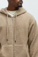 100% Polyester Hoodie and Jogger Set with Full Zip and Side Pockets(Tan,S)
