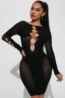 Sexy Black Seamless Mini Dress with Long Sleeves & Cut-Out Embellishments – Stretchy Nylon/Spandex Blend(Black,OS)