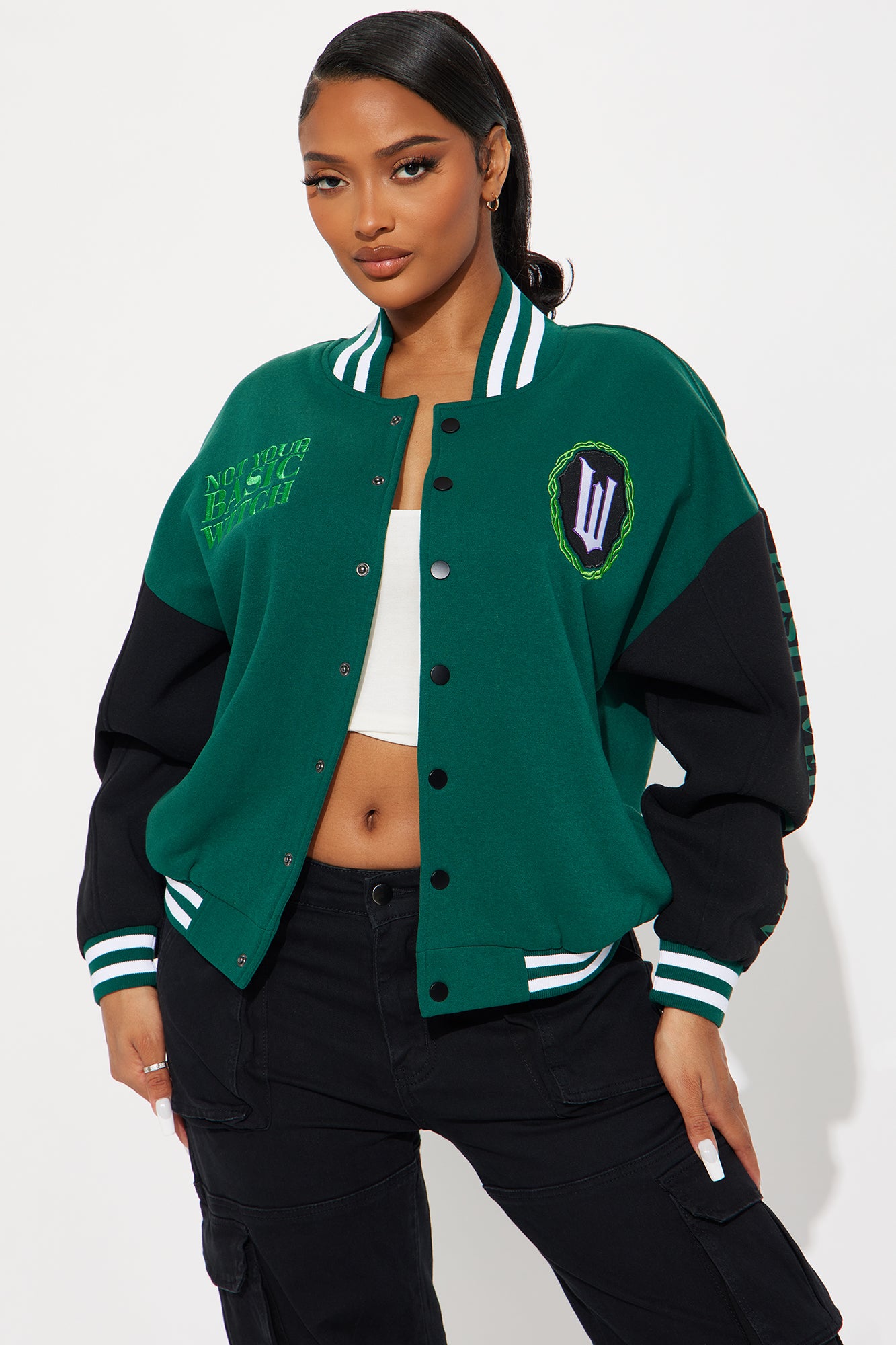 Long Sleeve Front Back Embroidery Button Up Sleeve Screen Patches Stretch Bomber Jacket
