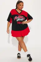 Stylish Red/Black Jersey Bubble Mini Dress - V-Neck, Short Sleeves & Stretchy Fit(Red/Black,XS)