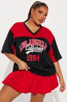 Stylish Red/Black Jersey Bubble Mini Dress - V-Neck, Short Sleeves & Stretchy Fit(Red/Black,XS)