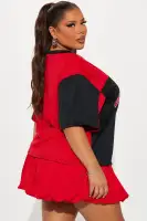 Stylish Red/Black Jersey Bubble Mini Dress - V-Neck, Short Sleeves & Stretchy Fit(Red/Black,XS)