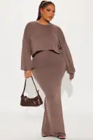 Stylish 2-Piece Long Sleeve Popover Shirt & Tube Dress Set – Mocha/Charcoal, Stretchy Polyester Blend(Mocha,XS)