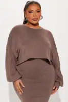 Stylish 2-Piece Long Sleeve Popover Shirt & Tube Dress Set – Mocha/Charcoal, Stretchy Polyester Blend(Mocha,XS)
