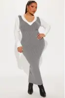 Heather Grey & Mocha Maxi Sweater Dress – Long Sleeve Stretch Knit with Contrast Collar(Heather Grey,XS)