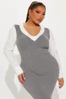 Heather Grey & Mocha Maxi Sweater Dress – Long Sleeve Stretch Knit with Contrast Collar(Heather Grey,XS)